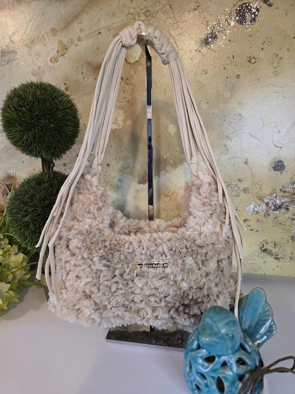 Plush Faux Fur "VERSATILE" Shoulder/Hand/Cross Body Bag in Light Taupe - Picture 6 of 6